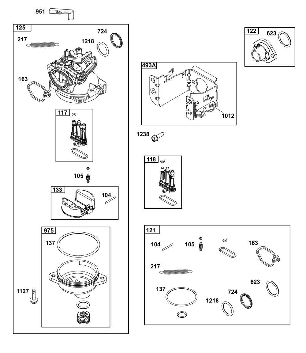 Carburetor Group Diagram and Parts List for 125P02-0085-F1 100000 - 19Z999 Briggs and Stratton Engine